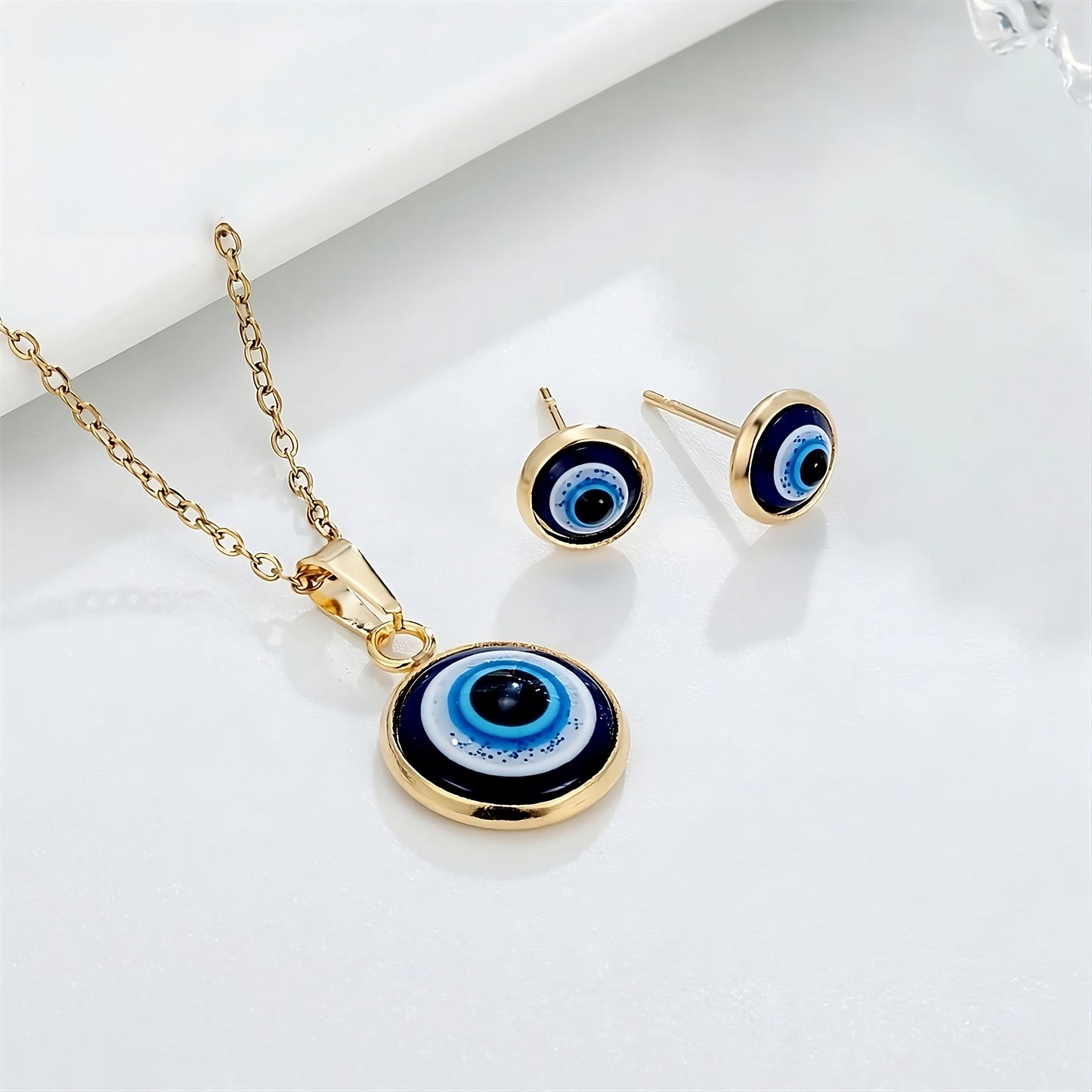 Stylish Turkish evil eye necklace set with protective blue resin design