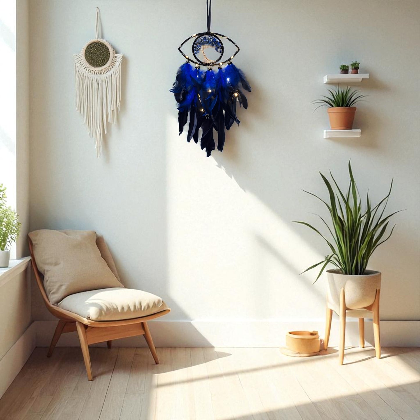 Evil eye dream catcher wall hanging with LED lights for spiritual protection