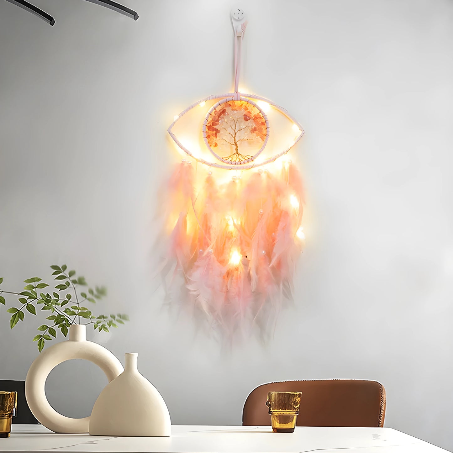 Spiritual evil eye dream catcher wall art with glowing LED accents