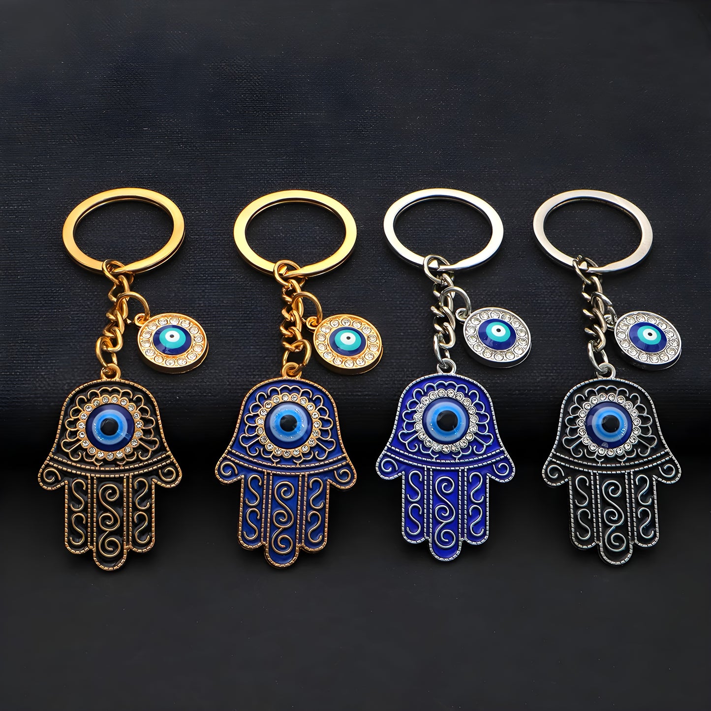 Handmade protective keychain featuring hamsa hand and evil eye charms