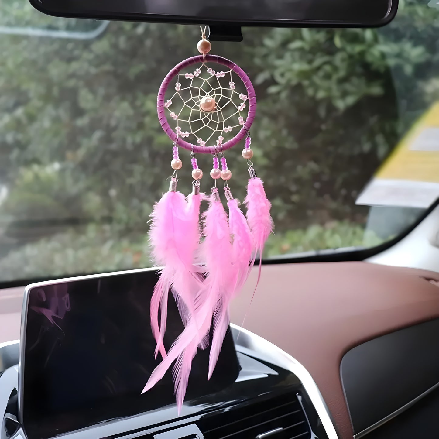 Car mirror dream catcher ornament with feathers and beads