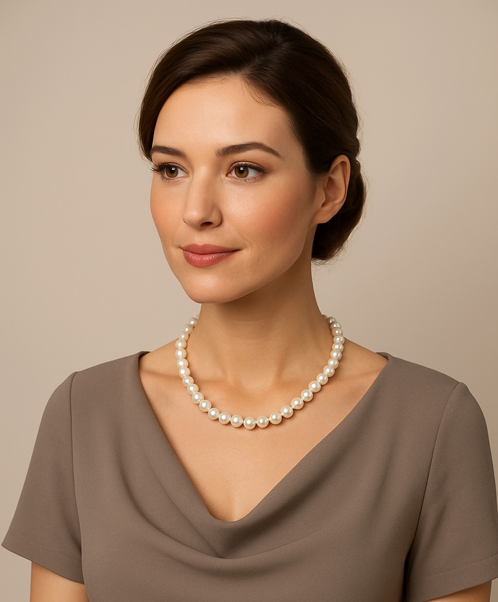 Woman wearing a pearl necklace and brown dress against a beige background