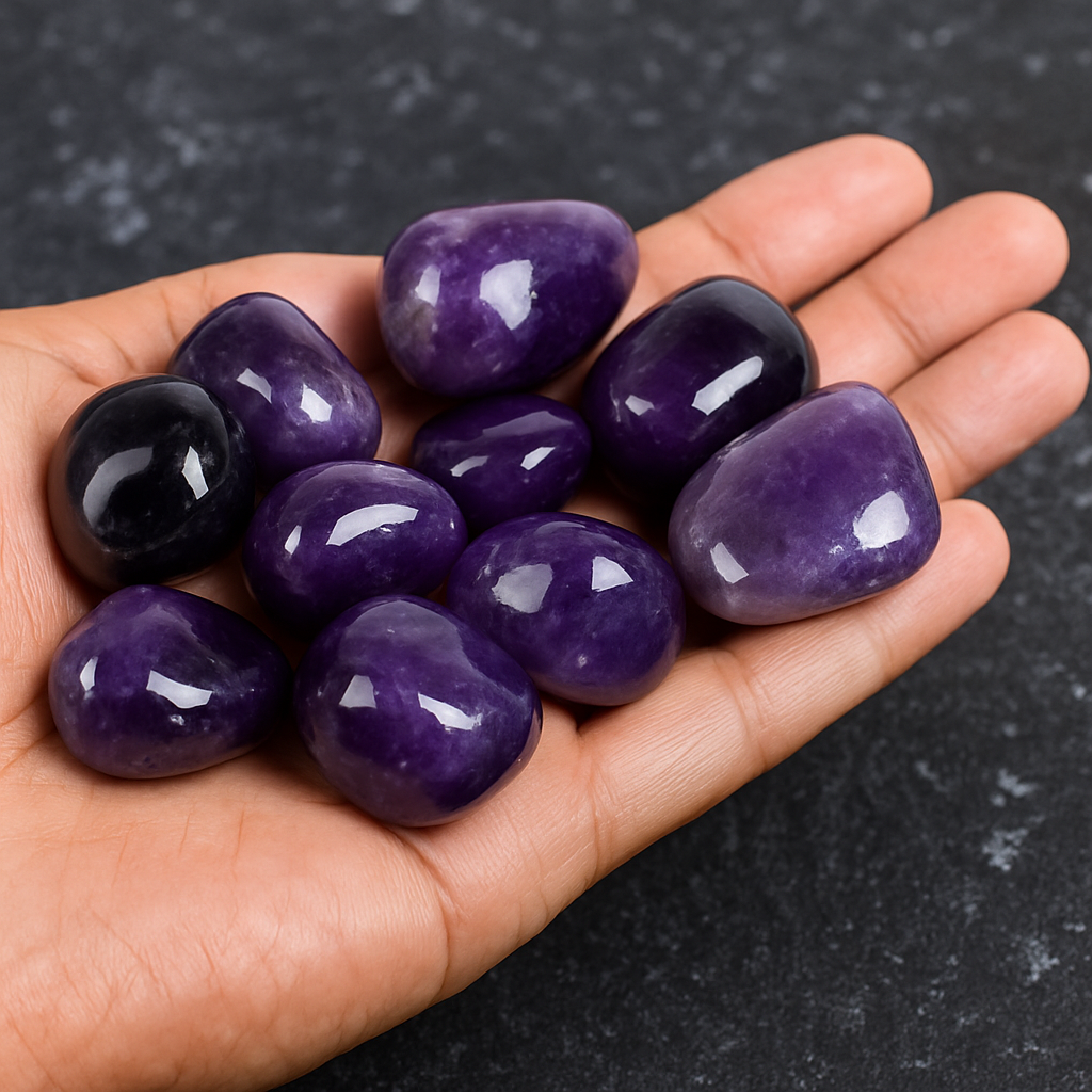 Image showing a hand holding 100g of natural amethyst tumbled stones (5–9 polished pieces), perfect for reiki, energy healing, and home décor.