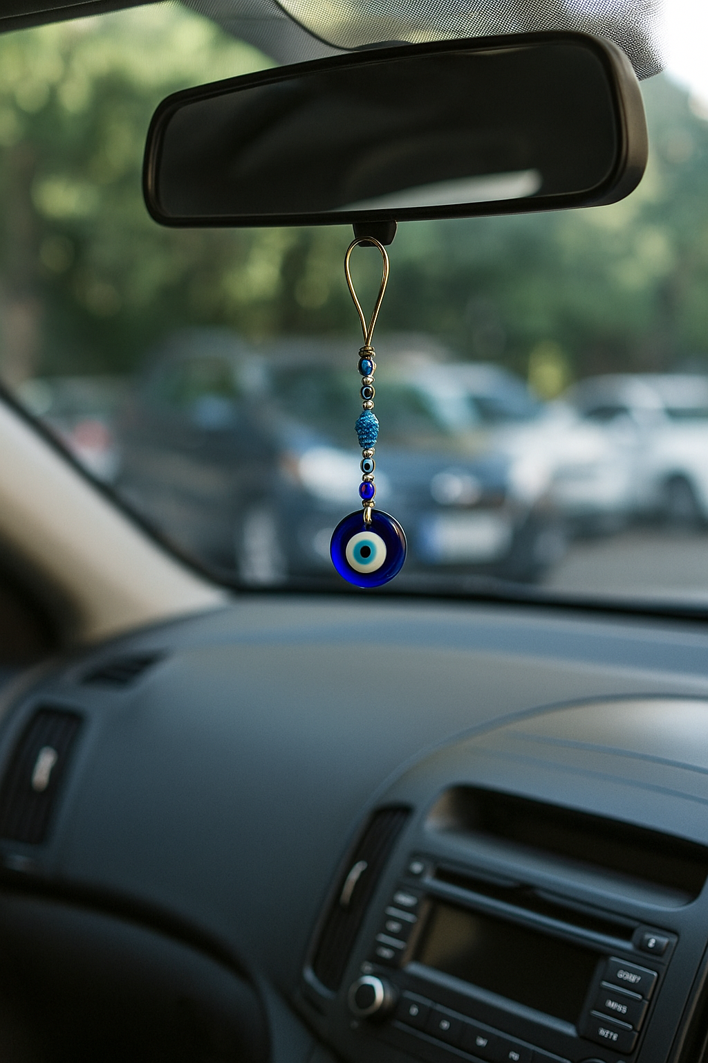 Protective evil eye charm dangling from car mirror for spiritual shielding
