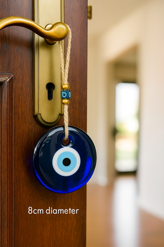 Blue evil eye charm hanging for protection against negative energy