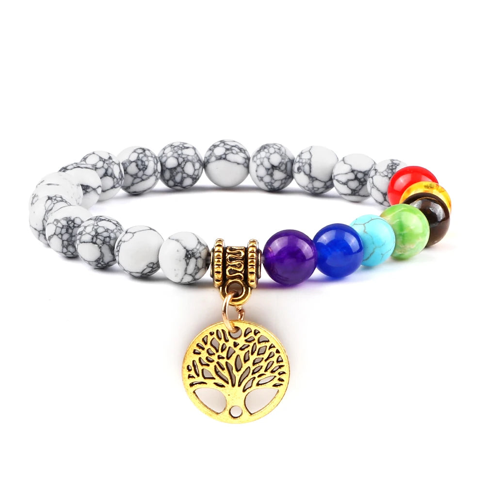 Meditation bracelet with natural stones and life tree symbol for harmony