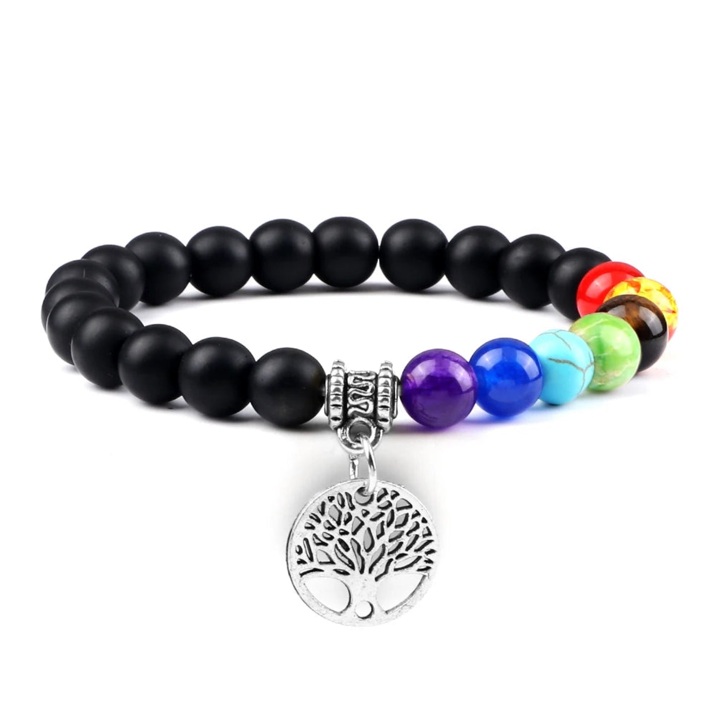 Handmade chakra bracelet featuring life tree charm and colorful healing stones