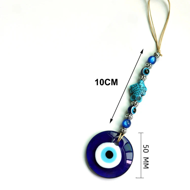 Blue evil eye pendant with measurement details on a white background