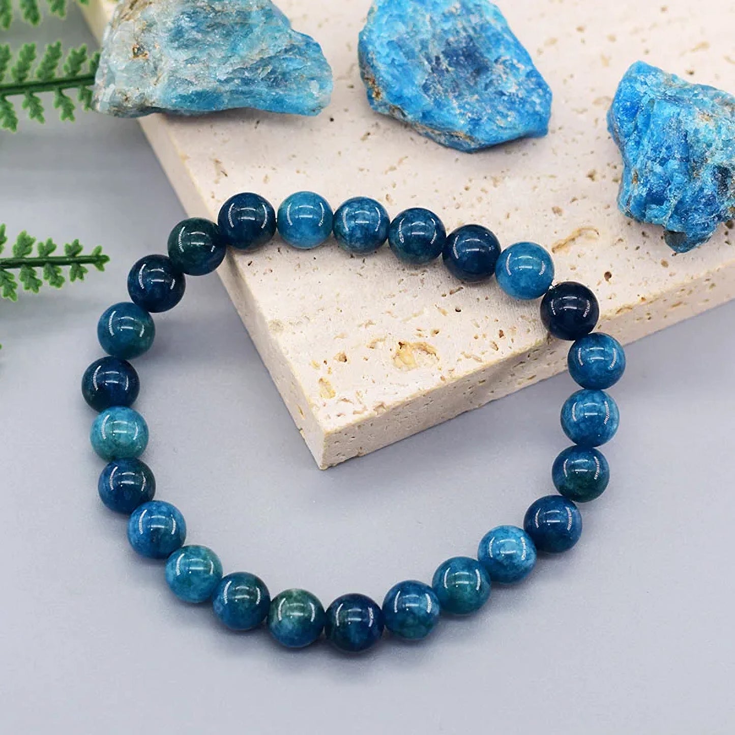 Genuine blue apatite beaded bracelet on elastic cord for healing