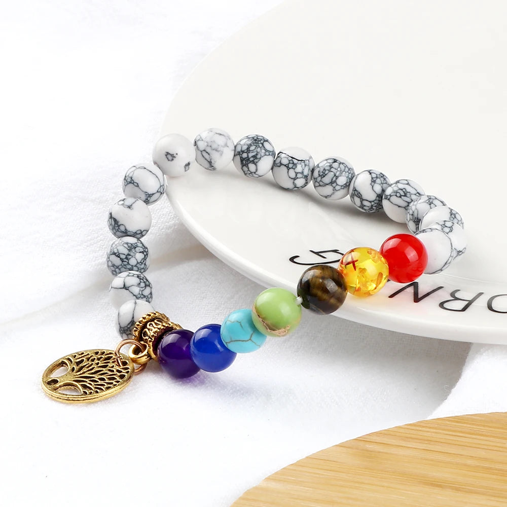 7 chakra gemstone bracelet with life tree pendant for spiritual wellness