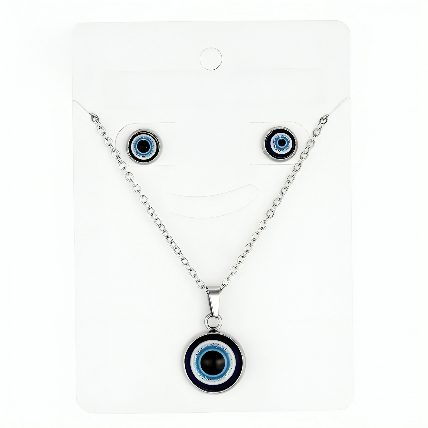 Blue resin evil eye jewelry set with necklace and matching stud earrings