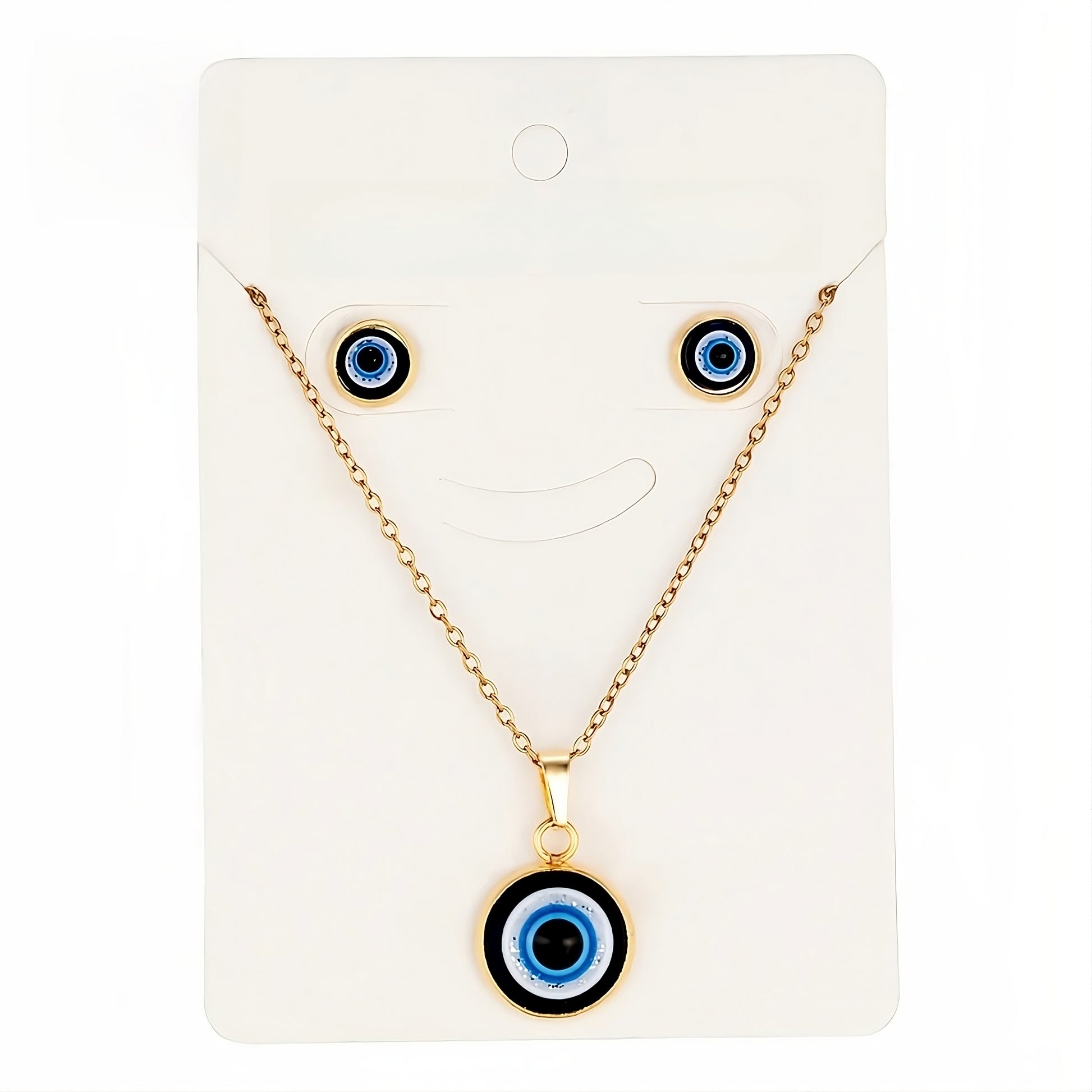Evil eye pendant necklace with coordinating stud earrings for good luck

