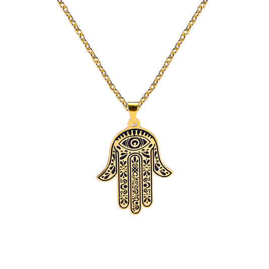A gold-colored stainless steel Hamsa hand Evil Eye pendant on a chain.
