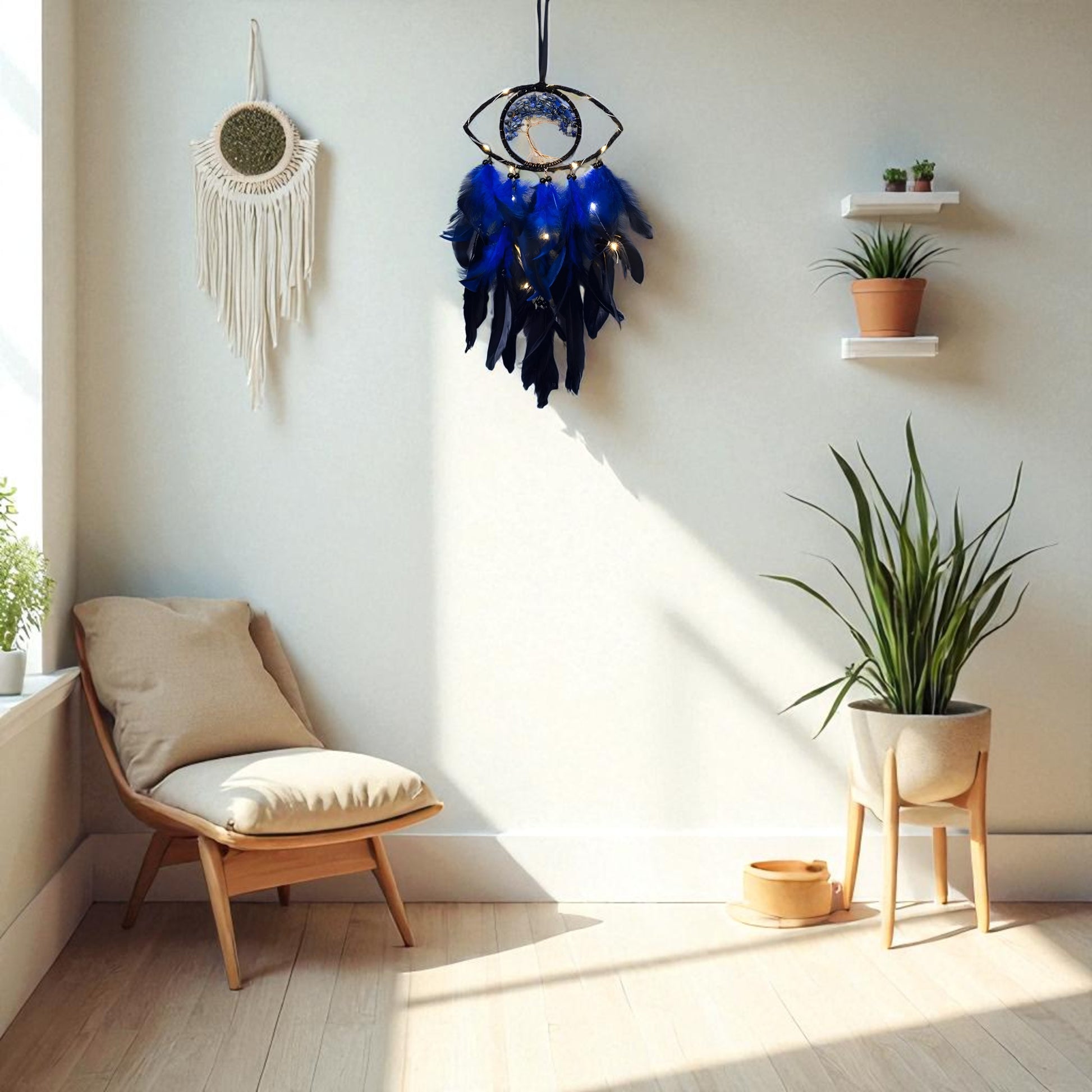 Evil eye dream catcher wall hanging with LED lights for spiritual protection

