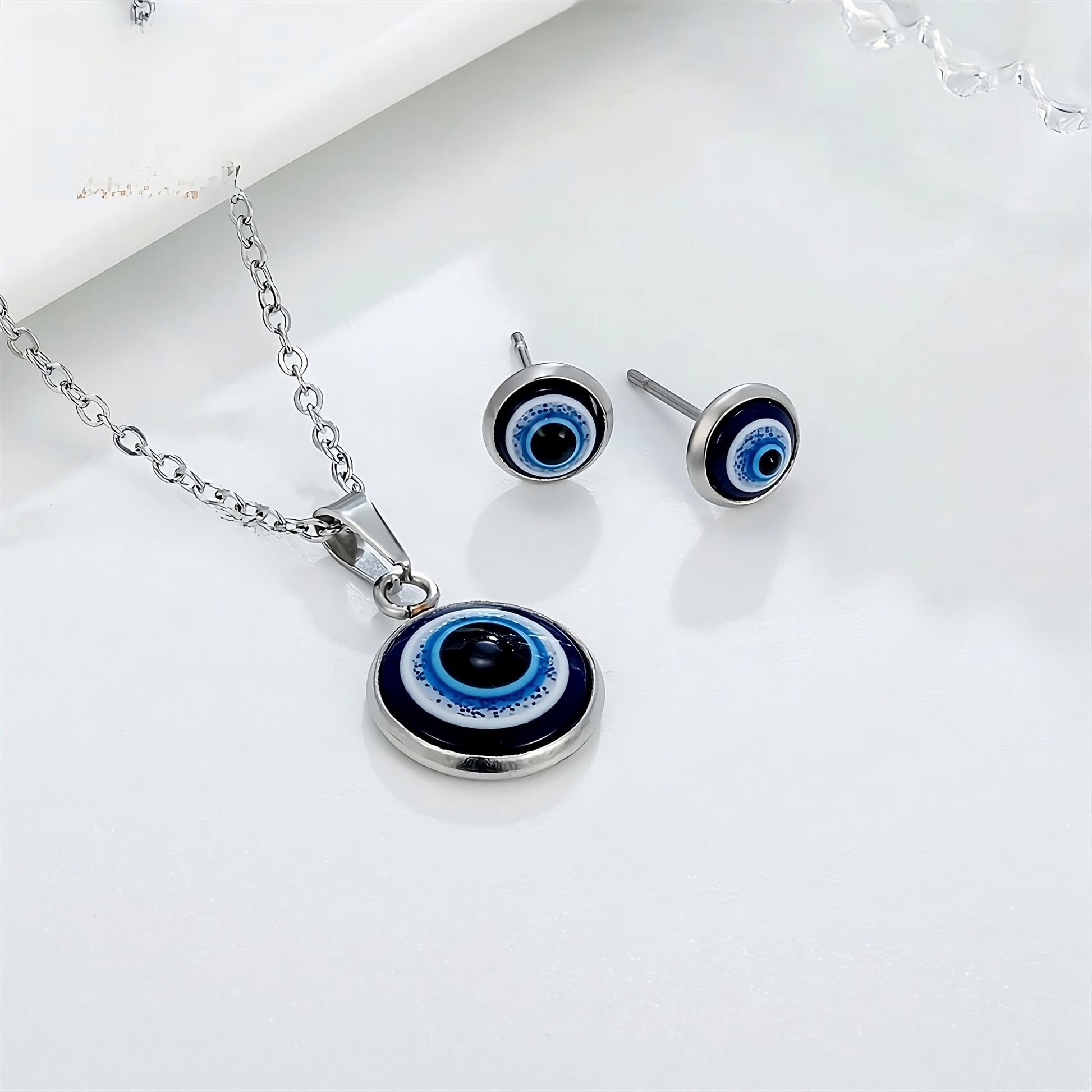 Turkey evil eye necklace and stud earring set in blue resin for protection


