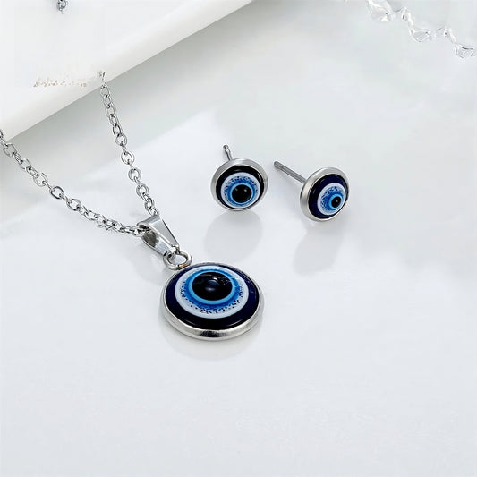 Turkey evil eye necklace and stud earring set in blue resin for protection

