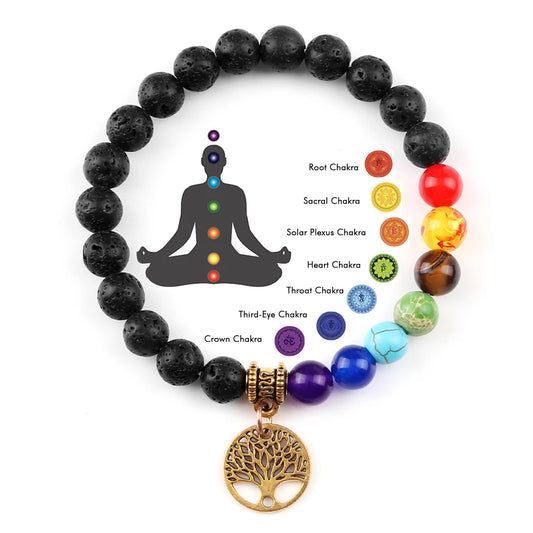 A multicolored bracelet with beads representing different chakras and a gold-colored meditation symbol on a tree branch.