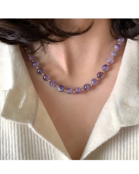 Elegant amethyst gemstone necklace with polished purple beads for healing

