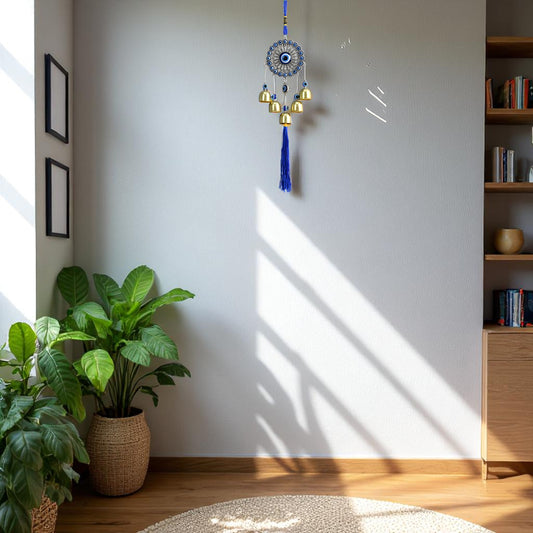 Evil eye wall hanging with golden bells for home protection and harmony